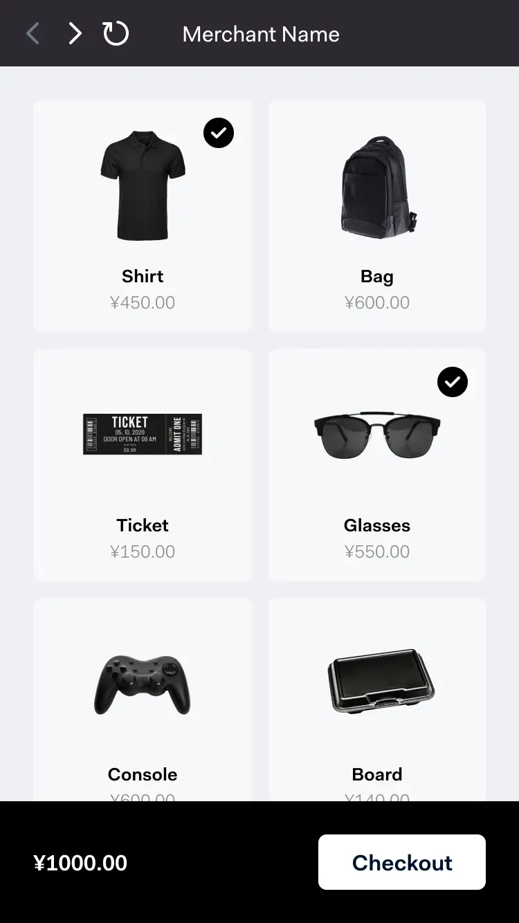 Mobile shopping app interface showing a selection of products including a shirt, bag, ticket, glasses, console, and board with prices and checkout button.
