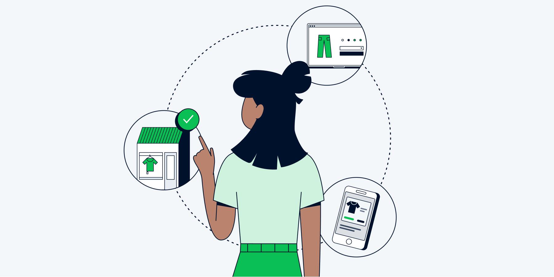 Woman considering a brick-and-mortar store and a mobile shopping experience.