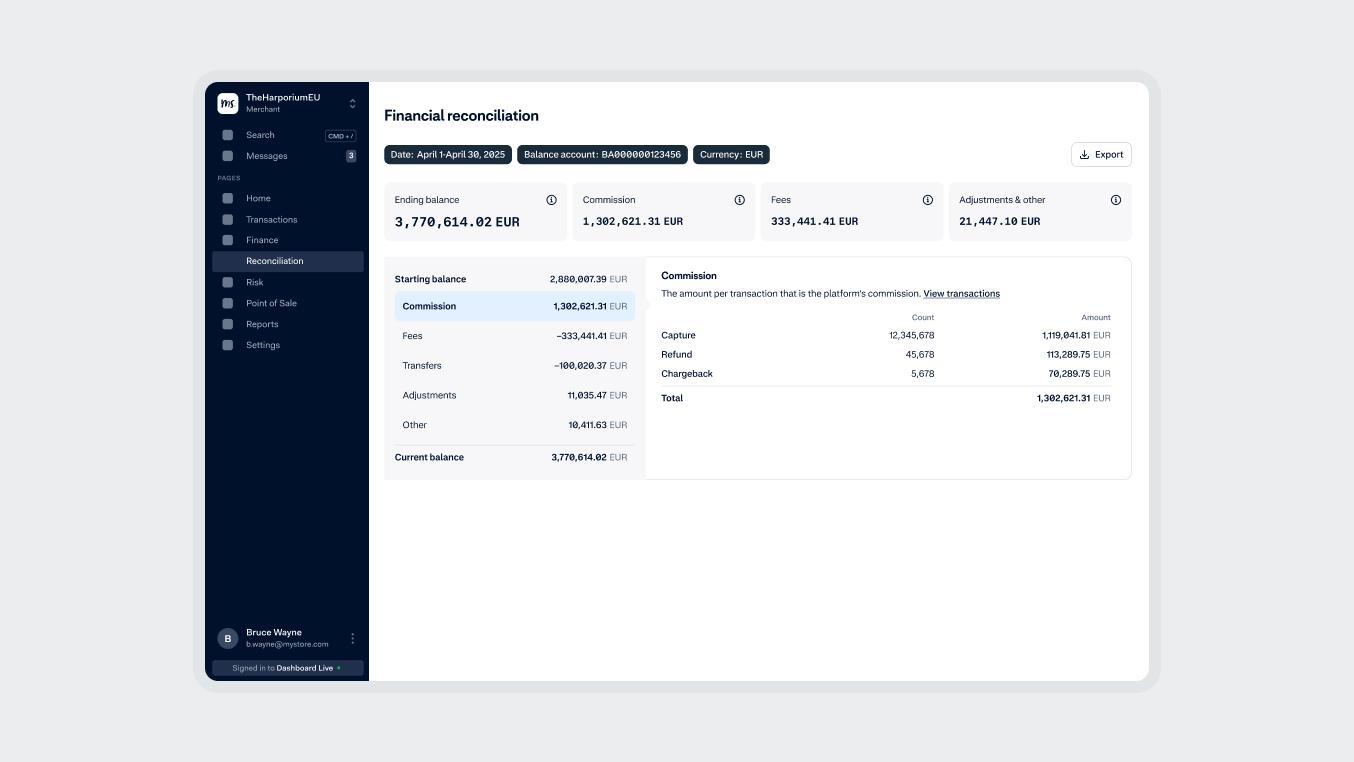 Financial reconciliation screen showing account balance and transactions on an Adyen platform