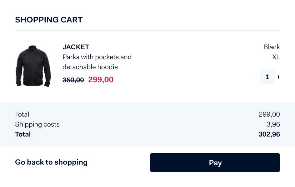 Black jacket in shopping cart interface with price details and Pay button.
