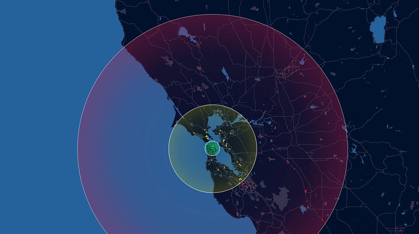Visualisation de données géographiques montrant une distribution de réseau dans une région avec deux cercles concentriques.
