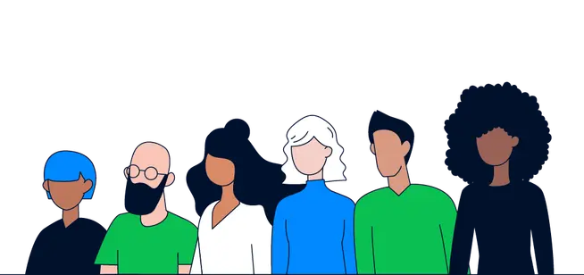 Diverse group of stylized people standing together.