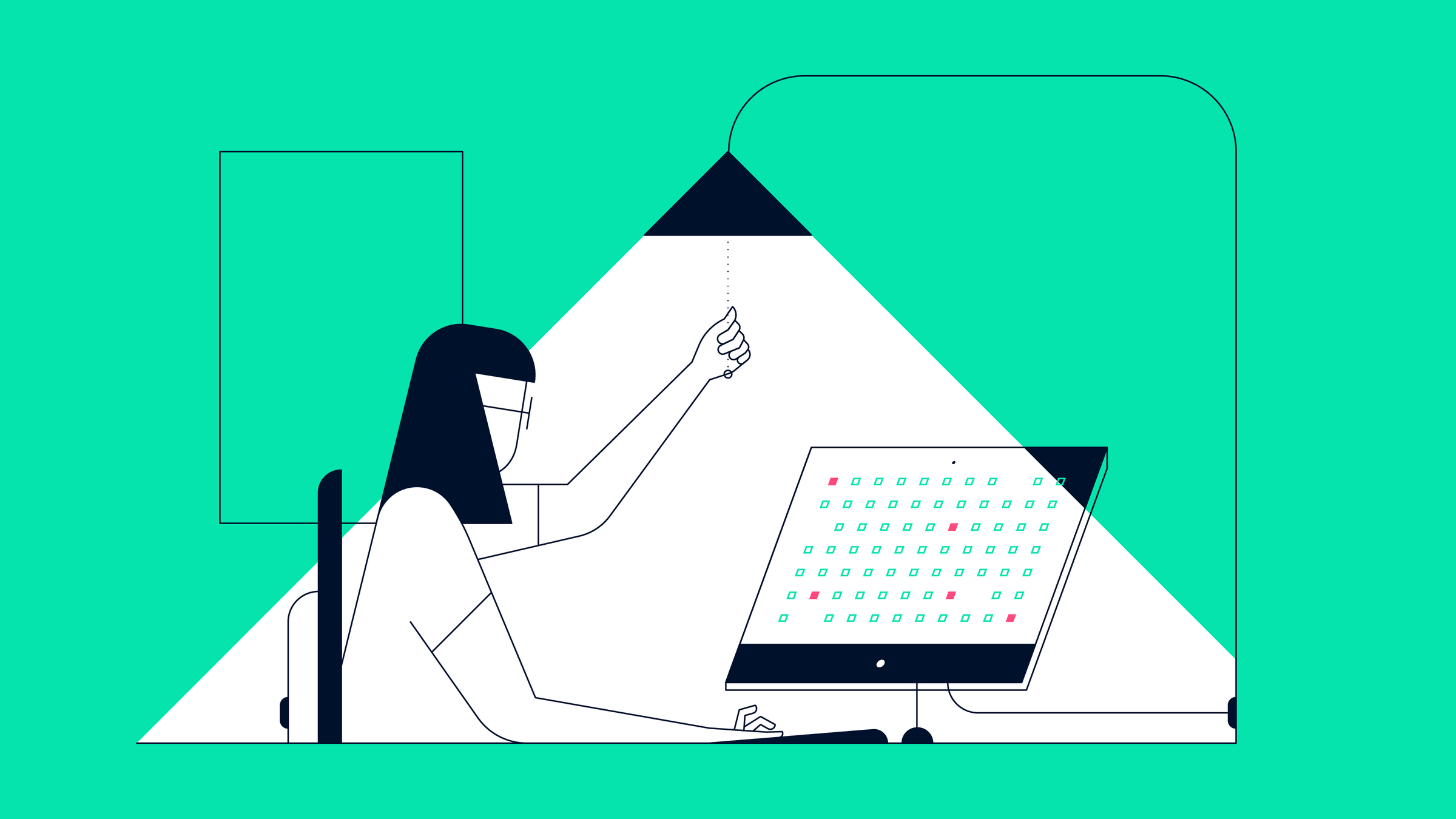 Illustration of a person at a desk with a large monitor displaying an array of colorful icons.