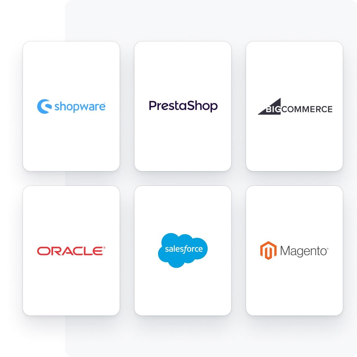Six cards with Adyen integration partners' logos: Shopware, PrestaShop, BigCommerce, Oracle, Salesforce, Magento