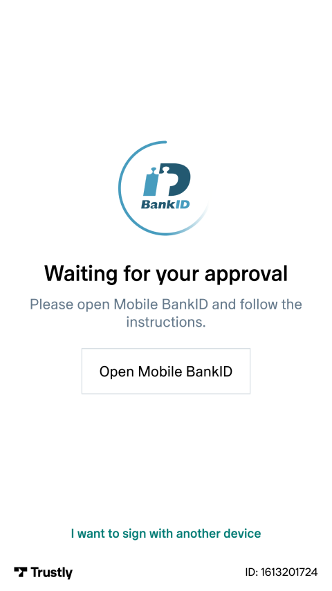Mobile BankID authentication screen with an option to open the app and instructions for user approval.