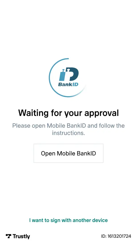 Mobile BankID authentication screen with an option to open the app and instructions for user approval.