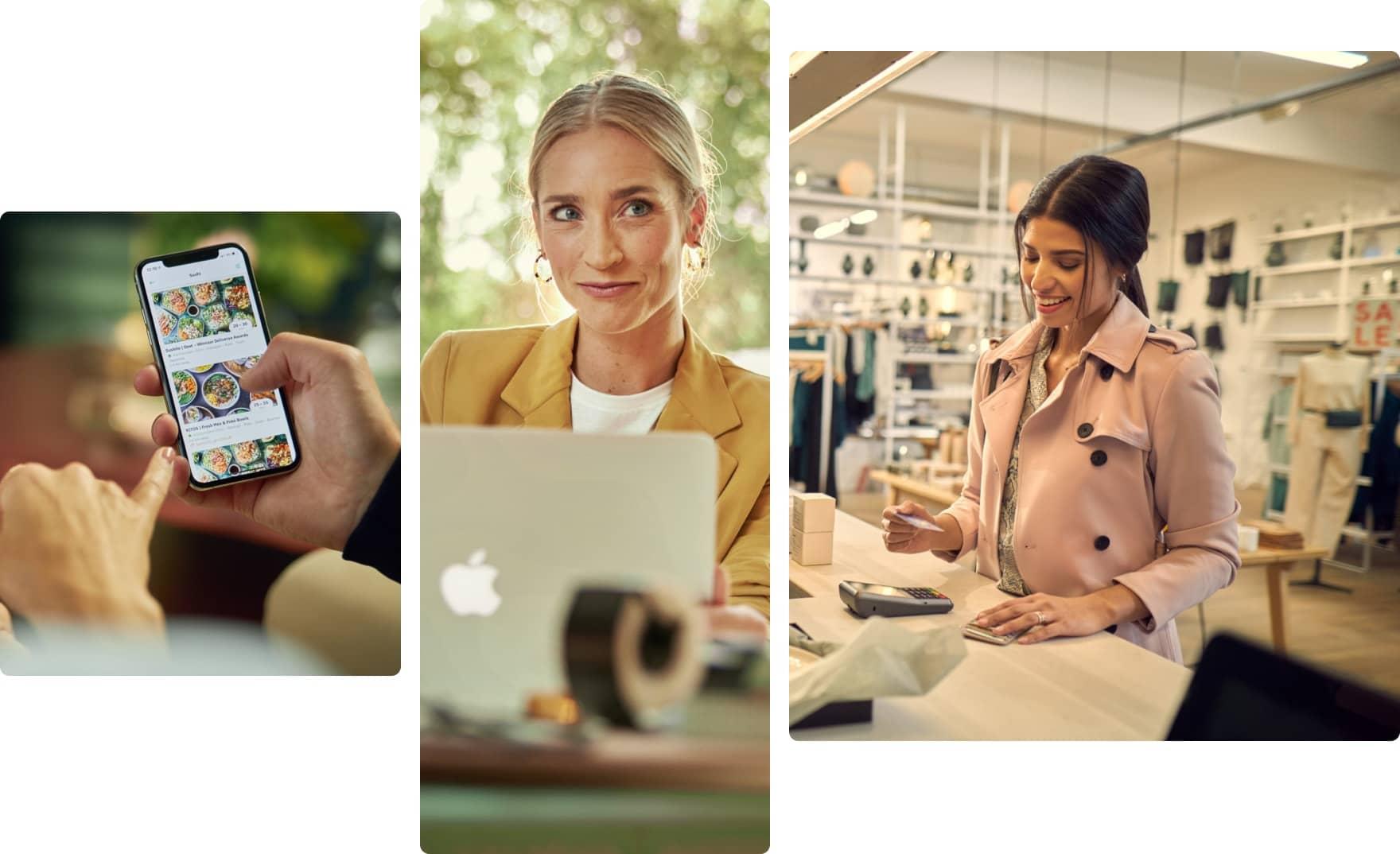 Pessoa segurando um telefone com um aplicativo de entrega de comida aberto, mulher trabalhando em um laptop e uma mulher sorrindo fazendo um pagamento em uma loja.