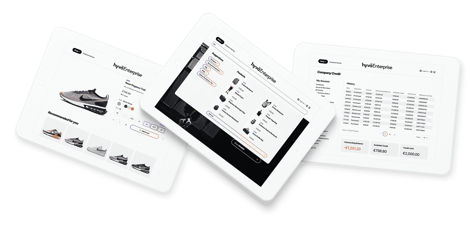 Three tablets displaying an e-commerce website with product selection, shopping cart, and account details.