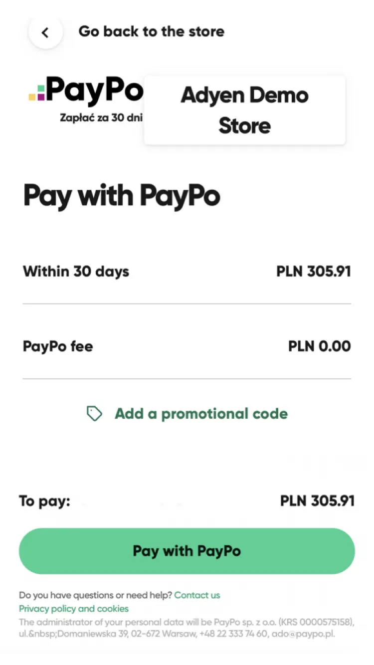 Mobile payment screen with the option to Pay with PayPo for a purchase of PLN 305.91 at Adyen Demo Store.