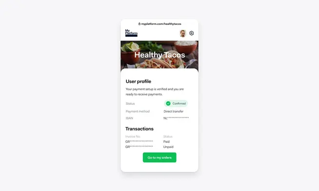 Mobile screen showing a user profile with payment setup confirmed and transaction details for Adyen services.
