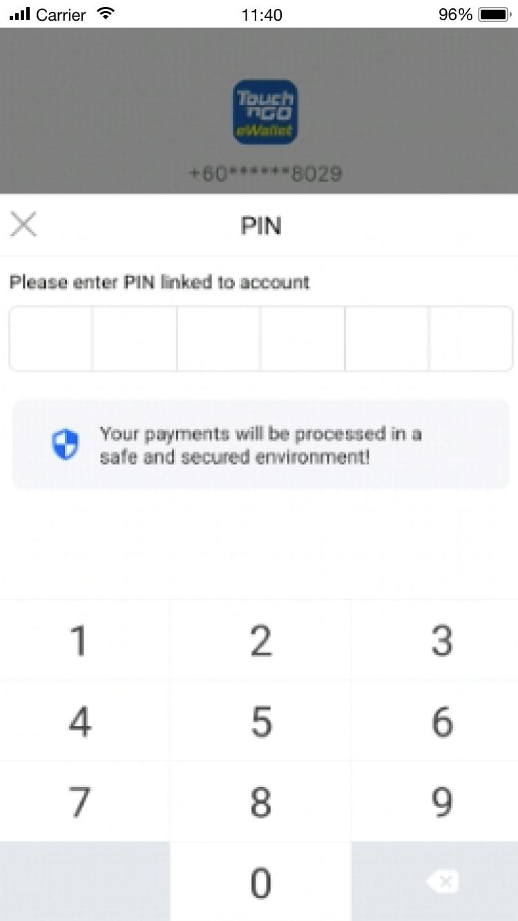 Screenshot showing a PIN entry screen on a mobile payment application.