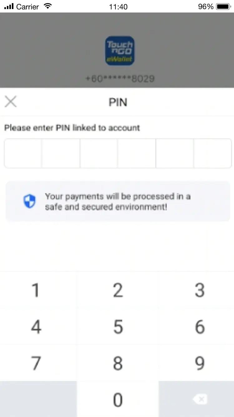 Screenshot showing a PIN entry screen on a mobile payment application.