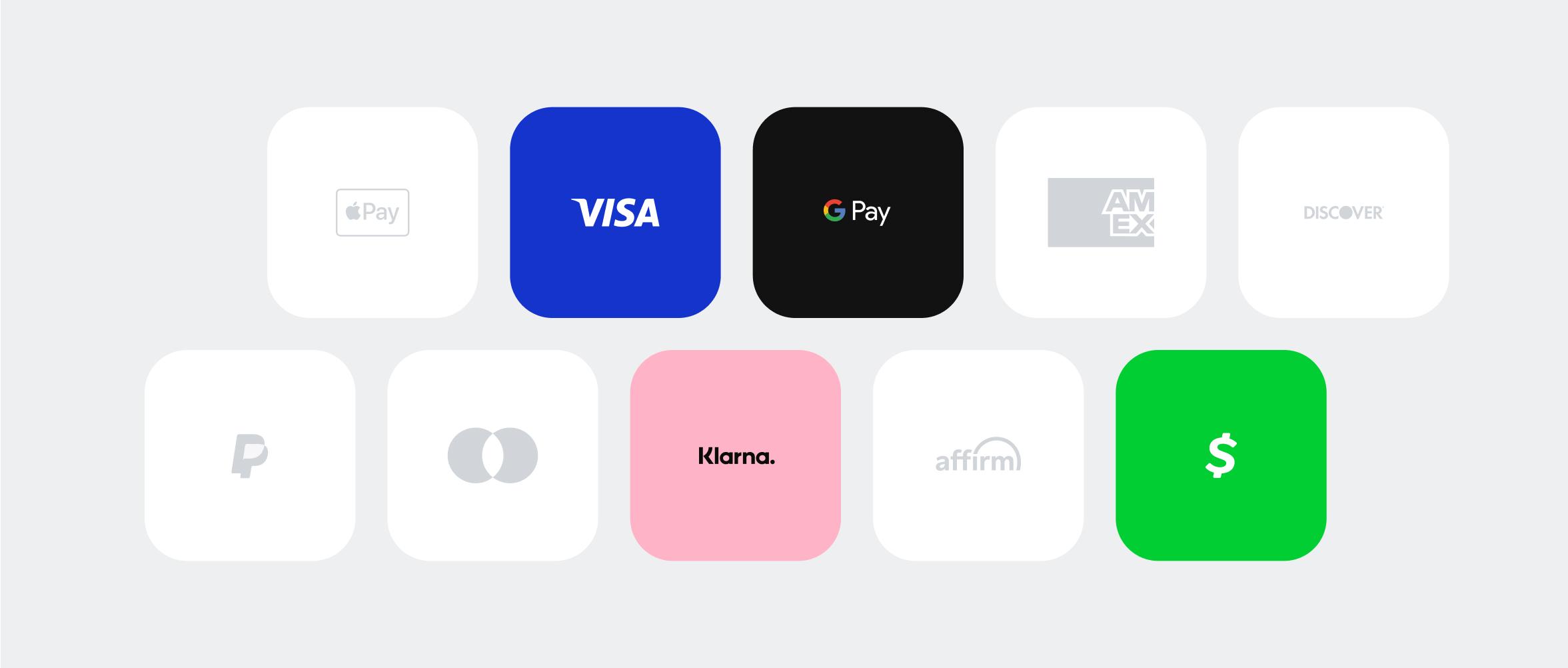 Logos of local payments methods used in the US, including among others Visa, GPay, Klarna and Cash App Pay.