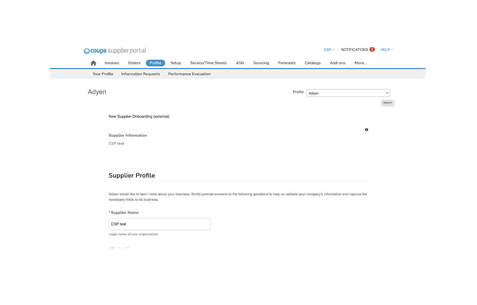 Screenshot of UI interface of vendor supplier portal Coupa