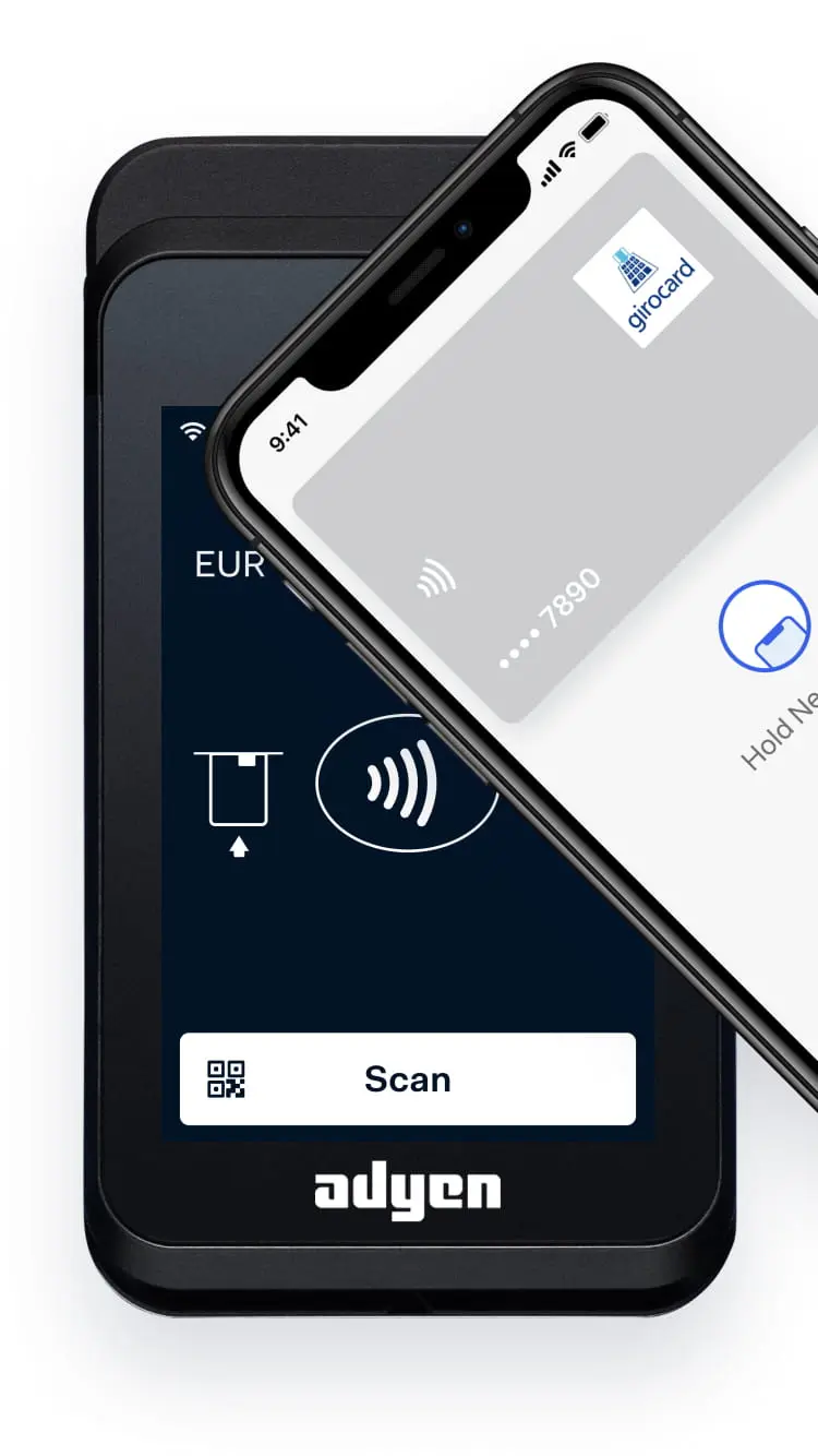 Smartphone displaying Adyen payment interface with a virtual girocard ready for transaction.