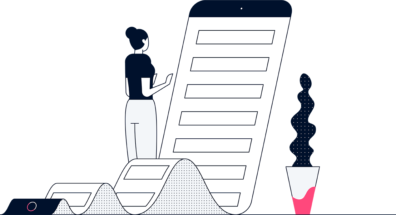 Illustrazione stilizzata in monocromo di una persona in piedi accanto a una ricevuta alta su uno sfondo dinamico.