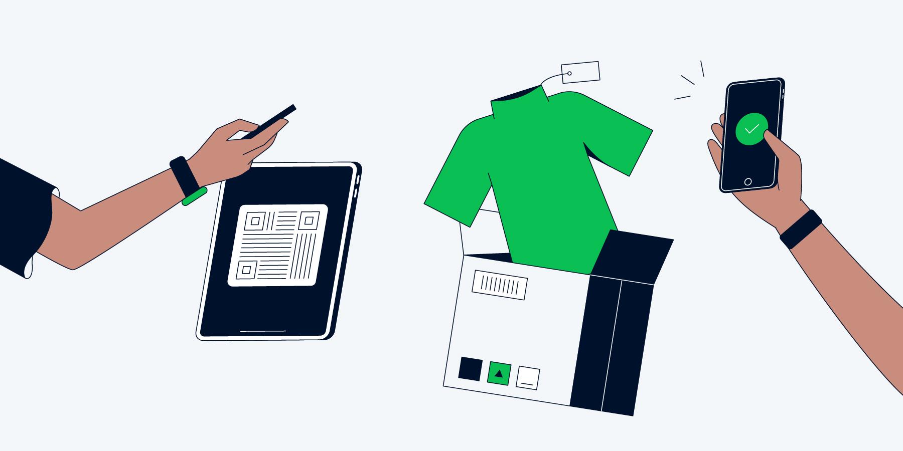 Two hands managing online retail purchases, with Adyen's payment confirmation on a phone screen.
