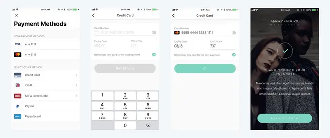 Screenshots showing Adyen's payment method selection, credit card information input, and purchase confirmation screens.