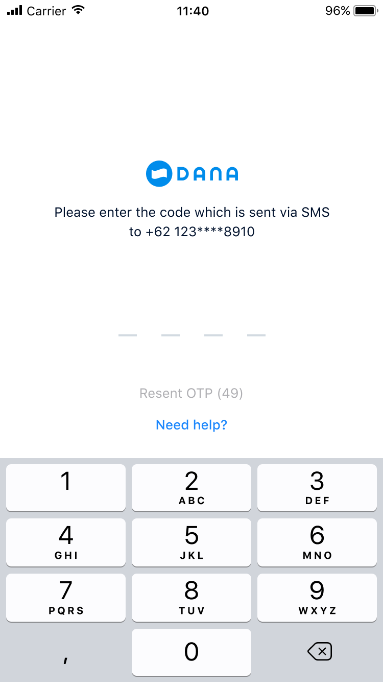 Mobile screen showing a numeric keypad for entering an SMS verification code with a DANA logo at the top.