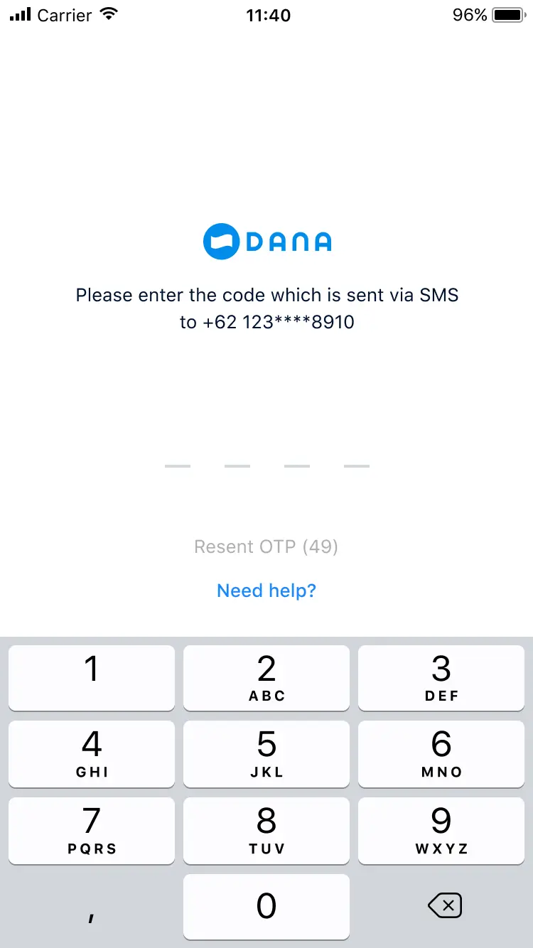 Mobile screen showing a numeric keypad for entering an SMS verification code with a DANA logo at the top.
