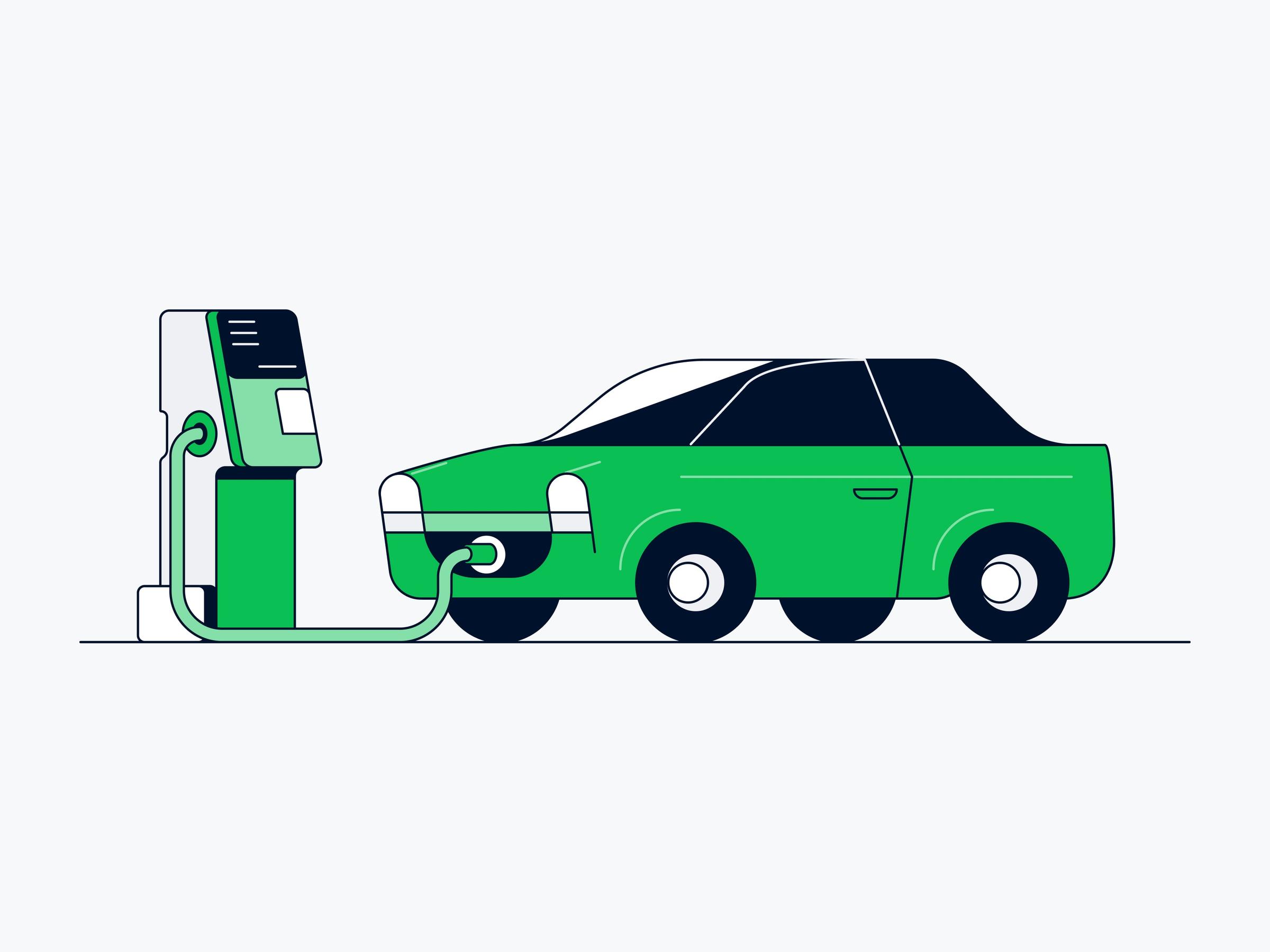 Stylized electric car charging at a charging station.