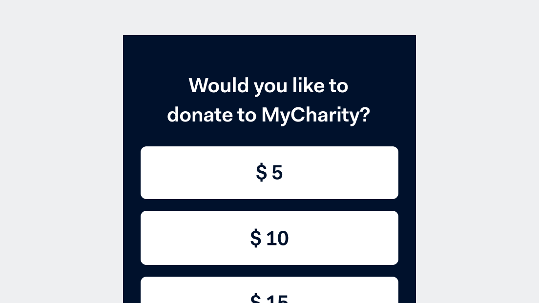 Charity donation interface with options for $5, $10, and $15 donations.