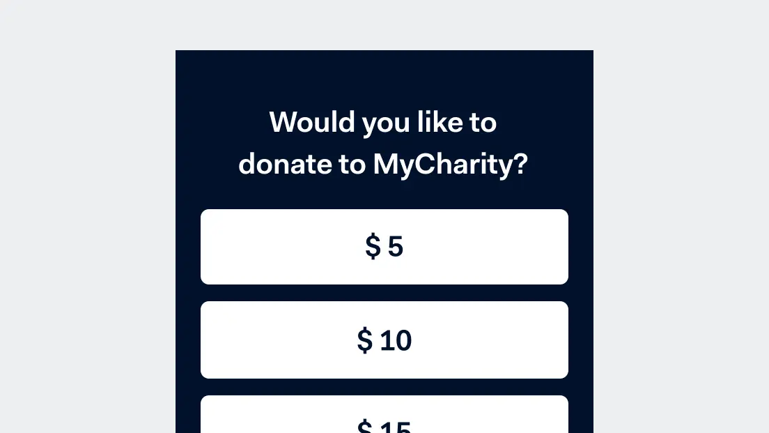 Charity donation interface with options for $5, $10, and $15 donations.