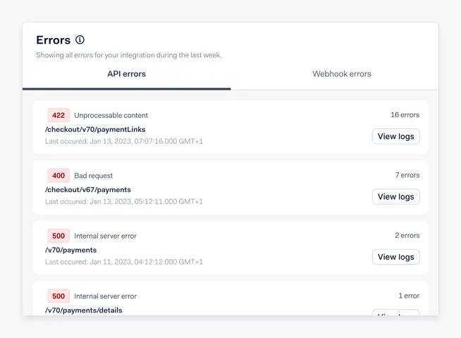 Interface showing a dashboard with a list of API errors.