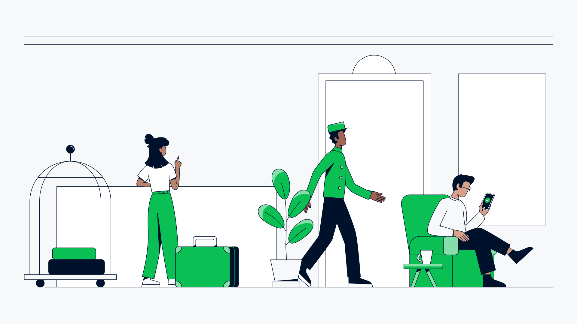 Escena de lobby de hotel con huéspedes utilizando una aplicación móvil de moda para servicios.