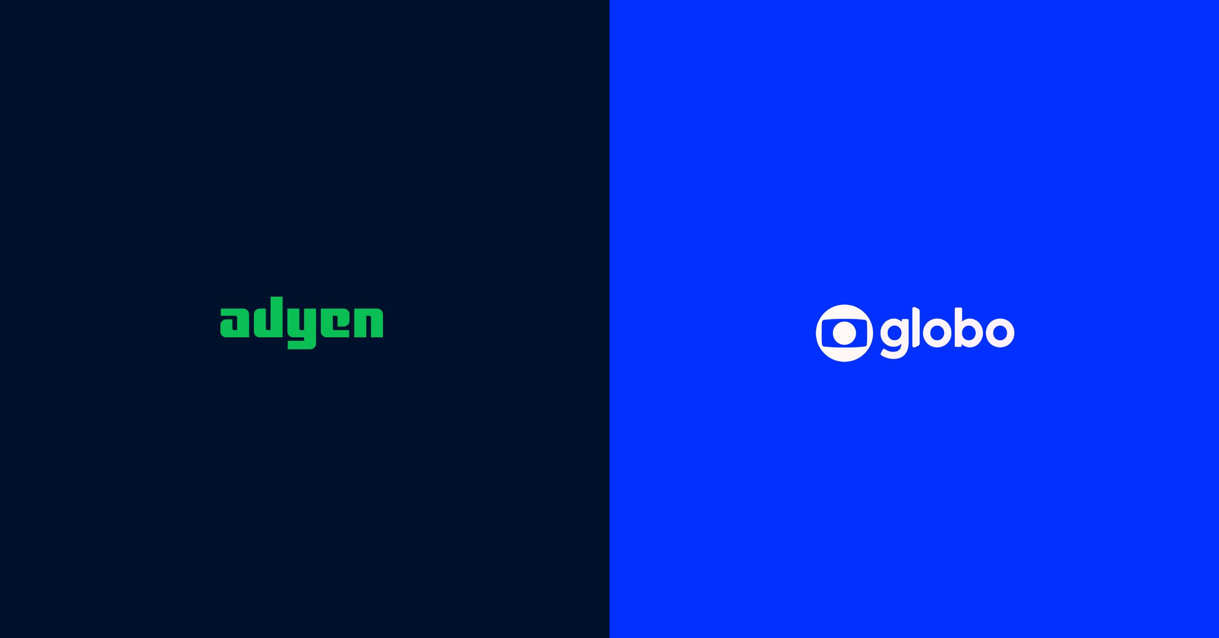 Tela dividida com o logotipo da Adyen à esquerda e o logotipo da Globo à direita.