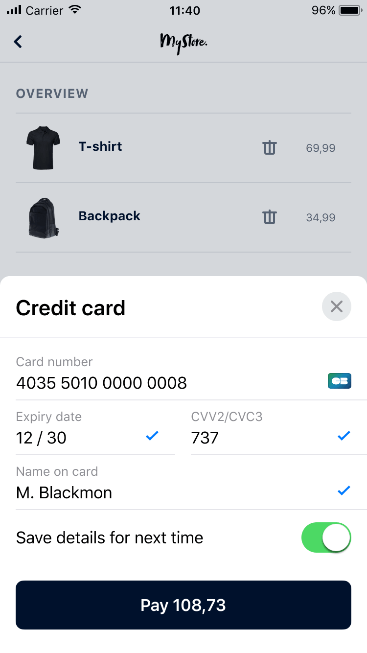 Mobile payment screen with credit card information fields and a total of 108,73.