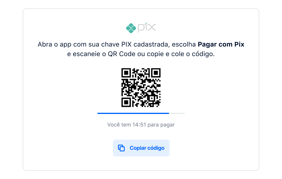 Screen displaying a QR code for PIX payment with instructions and a copy code button.