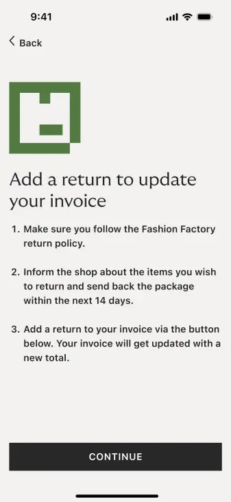 Mobile screen showing instructions for adding a return to update an invoice with a continue button at the bottom.