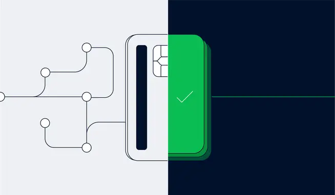 Stylized illustration of a credit card with a digital chip and a checkmark indicating a successful payment transaction.