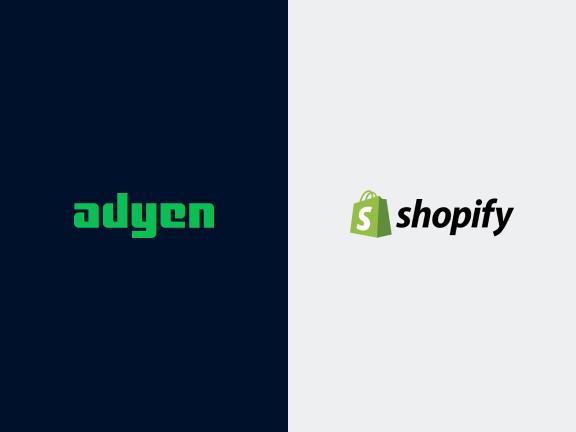 Adyen and shopify logos on a split background
