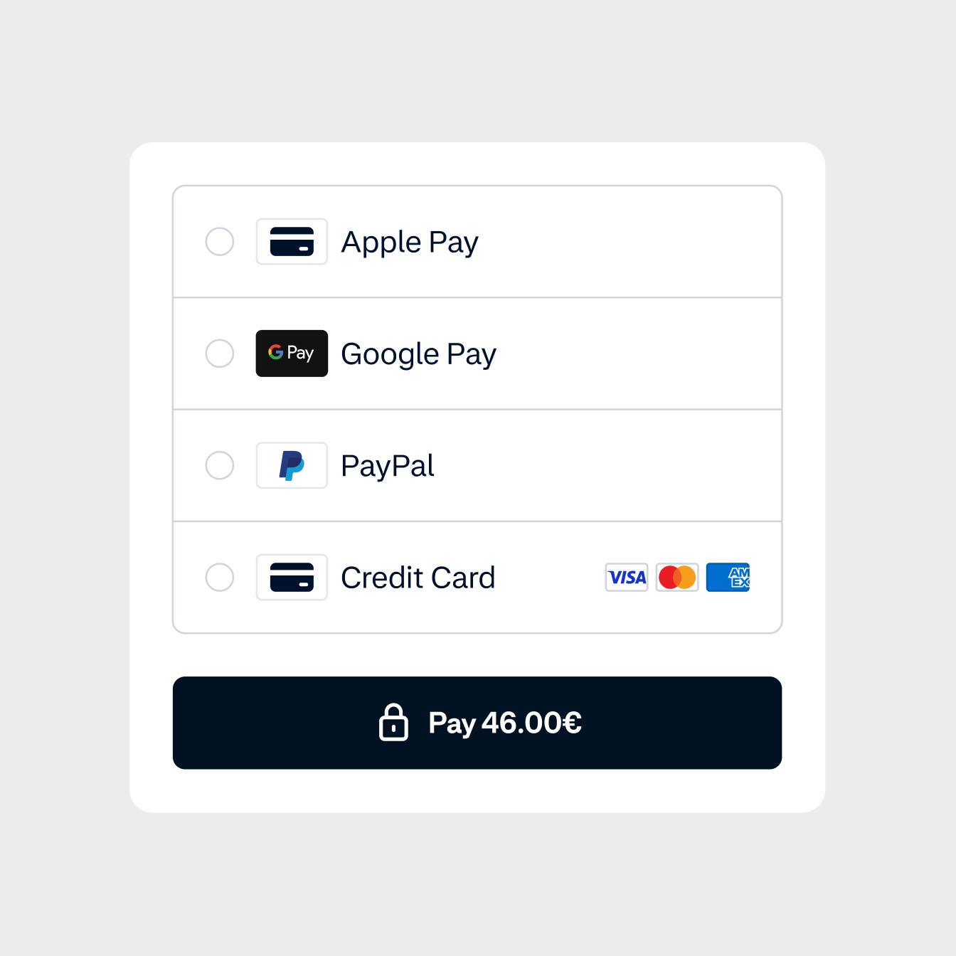 Checkout screen with local payment method options