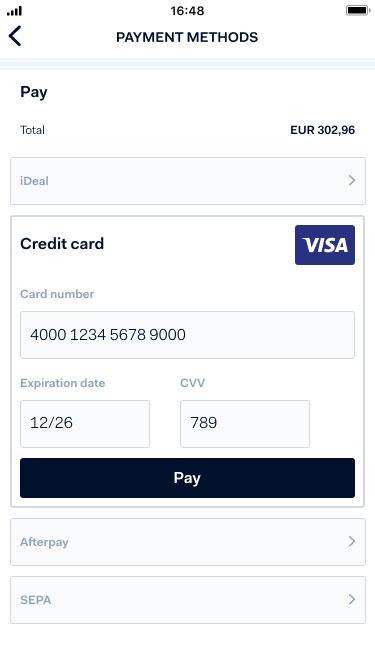 Mobile screen showing Adyen payment methods including iDeal, credit card input fields, Afterpay, and SEPA.