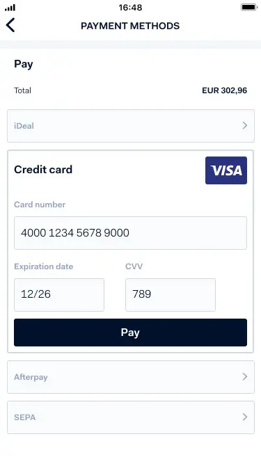 Mobile screen showing Adyen payment methods including iDeal, credit card input fields, Afterpay, and SEPA.