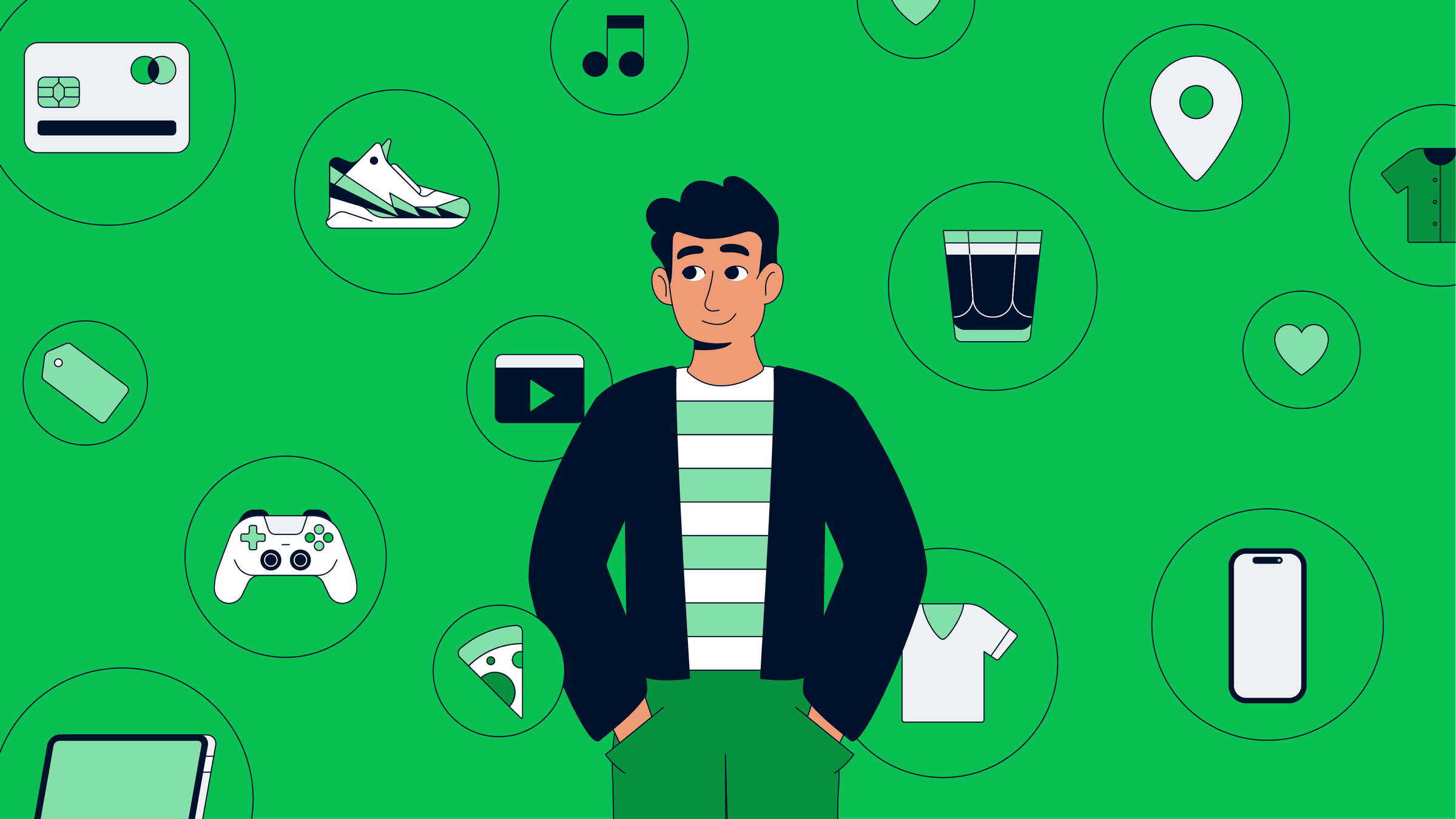 Cartoonweergave van een man die staat tussen de verschillende betaalsymbolen van Adyen op een groene achtergrond.