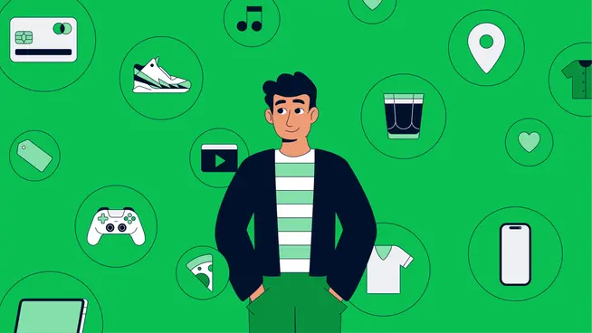 Cartoon representation of a man standing amidst Adyen's various payment options symbols on a green background.