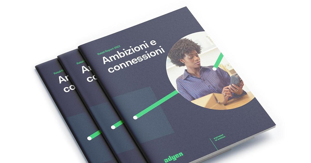 Tre copie del Rapporto Retail Adyen 2023 con donna che utilizza uno smartphone in copertina