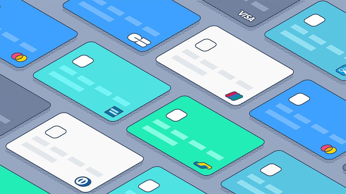 Cartões de crédito e débito estilizados com vários logotipos de bancos espalhados sobre uma superfície.