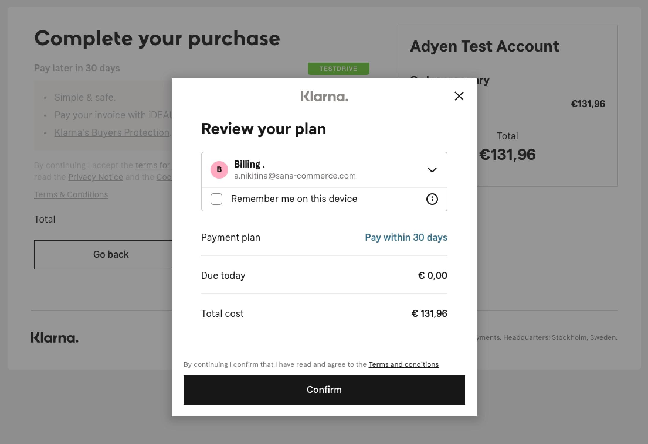 Checkout screen with payment options, highlighting Klarna's pay later service and an Adyen test account summary.