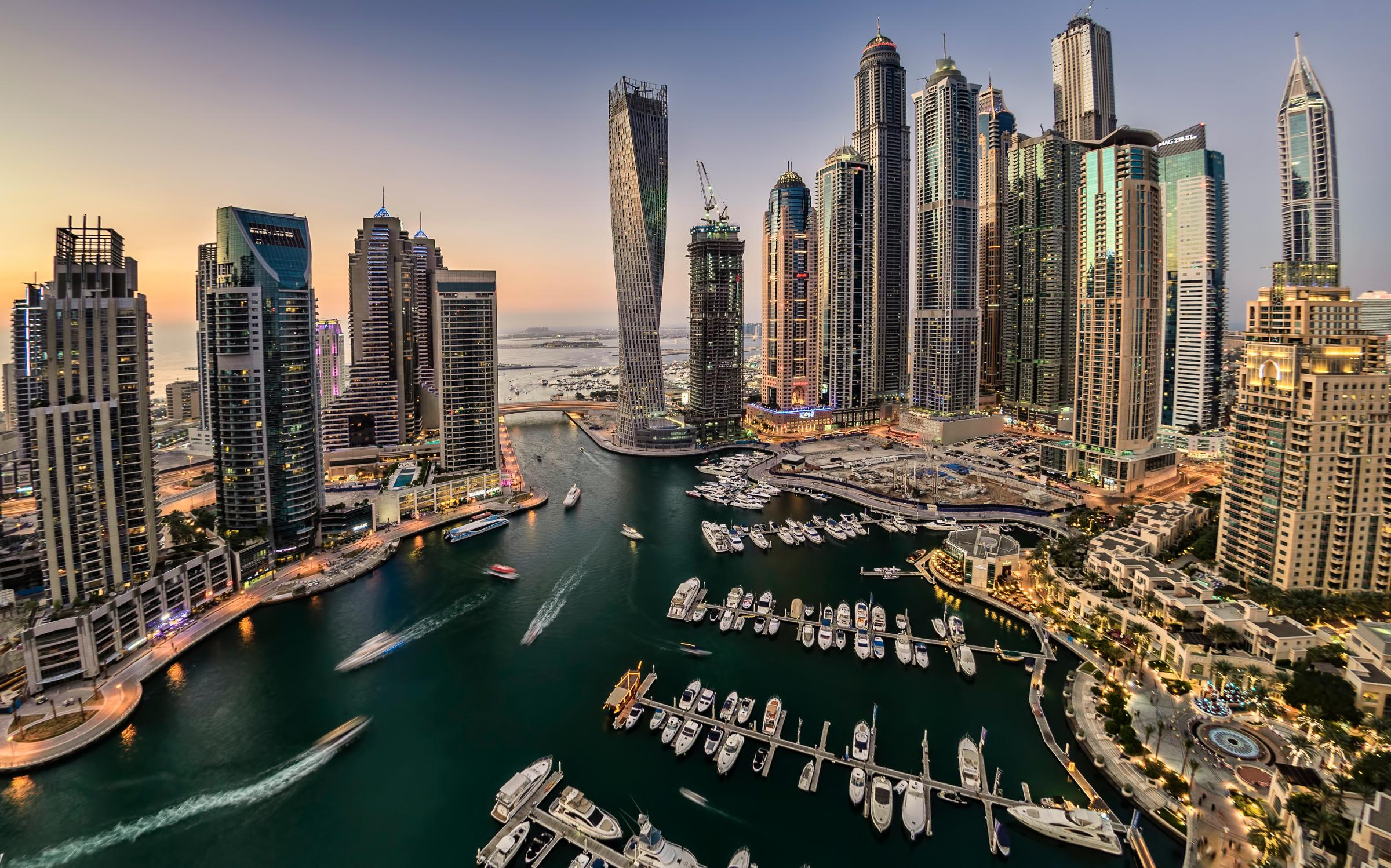 dubai skyline surrounded by water