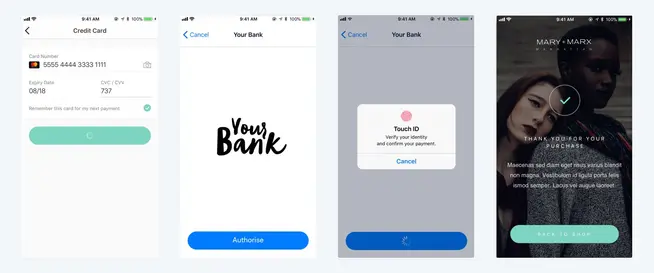 Three smartphone screens showing Adyen payment process with credit card information, bank authorization, and payment confirmation.