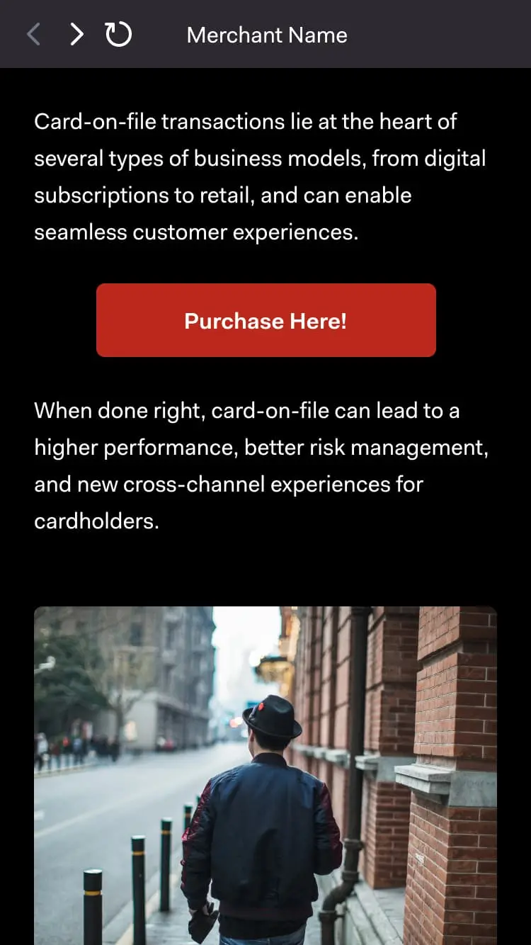 Person walking on a city street with a promotional text overlay regarding card-on-file transactions.