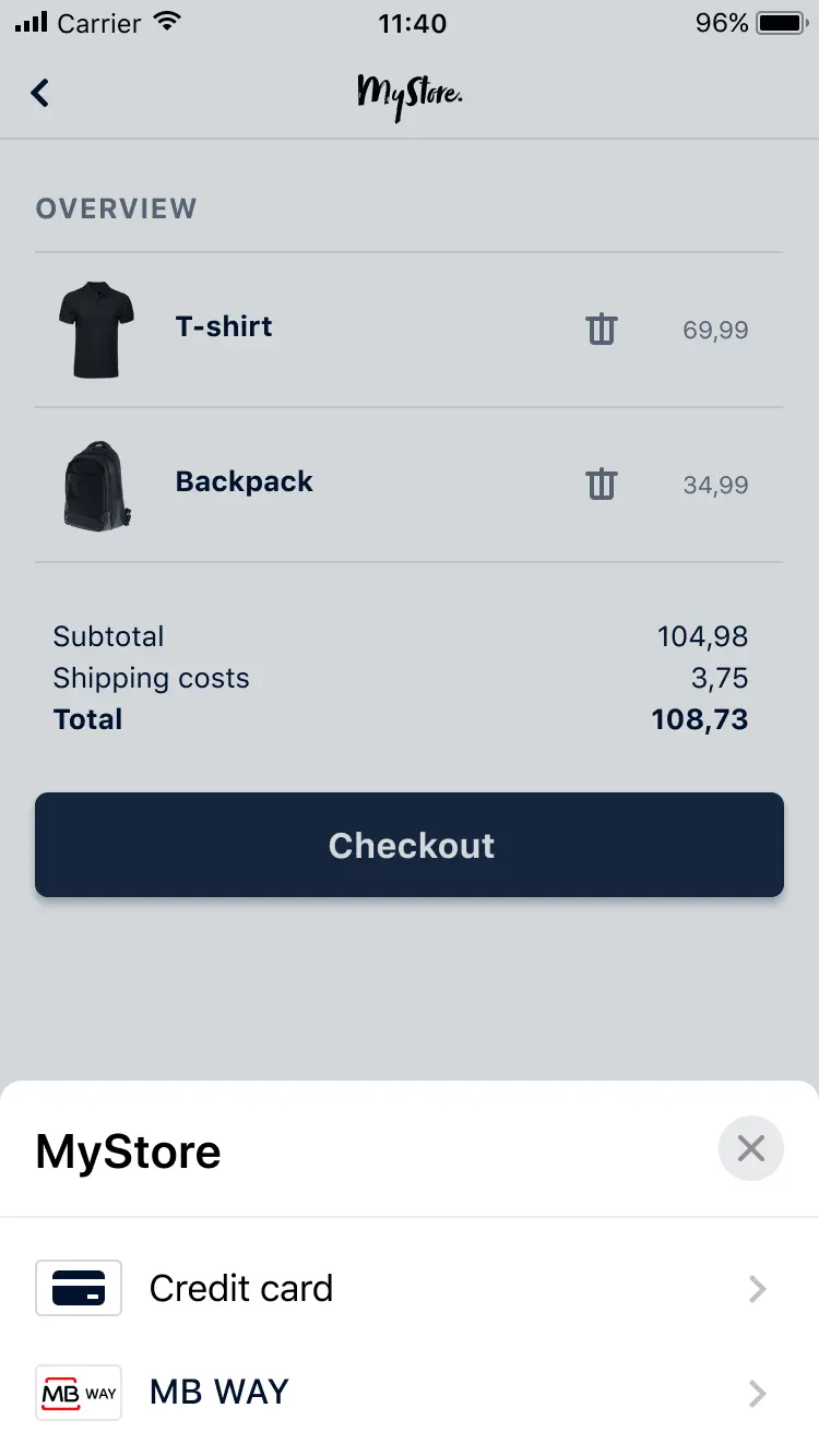 Mobile shopping cart screen with a T-shirt and backpack listed and a checkout button.