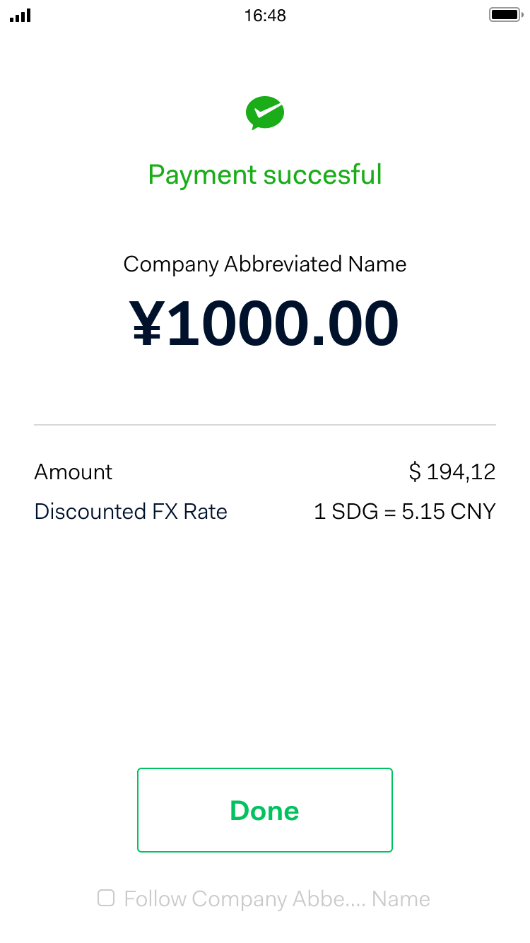 Mobile screen showing a successful payment of 1000 CNY with discounted FX rate and a done button.