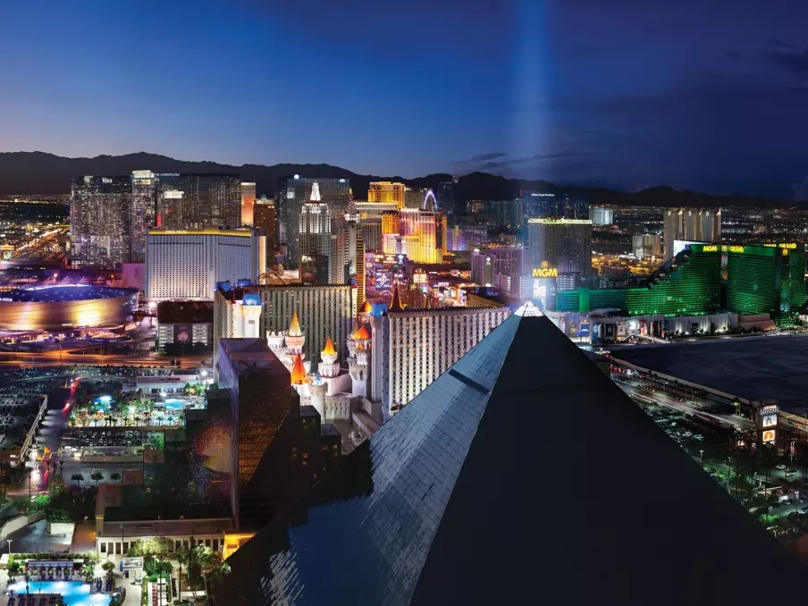 The view from the rooftop of the Skyfall lounge at night.