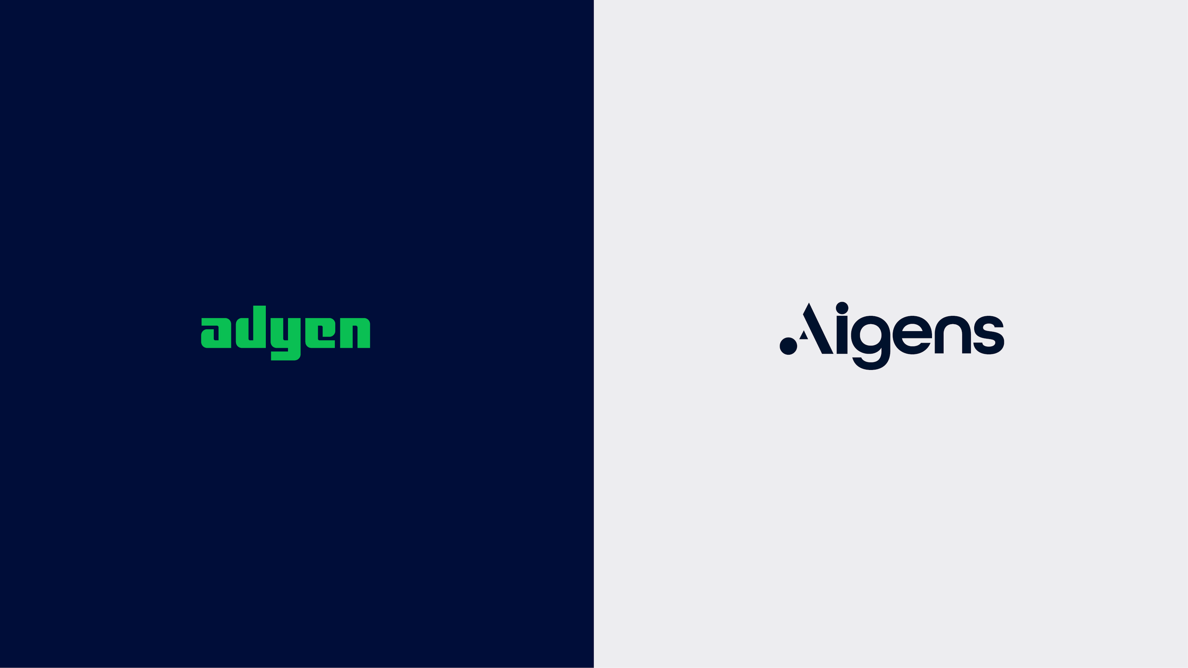 Adyen and Aigens logos side by side on a split background.